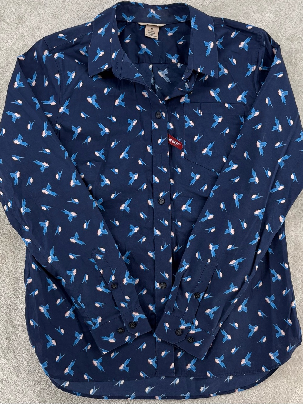 Duluth Trading Company Women’s Navy Bird Print Button Front Shirt Size Medium